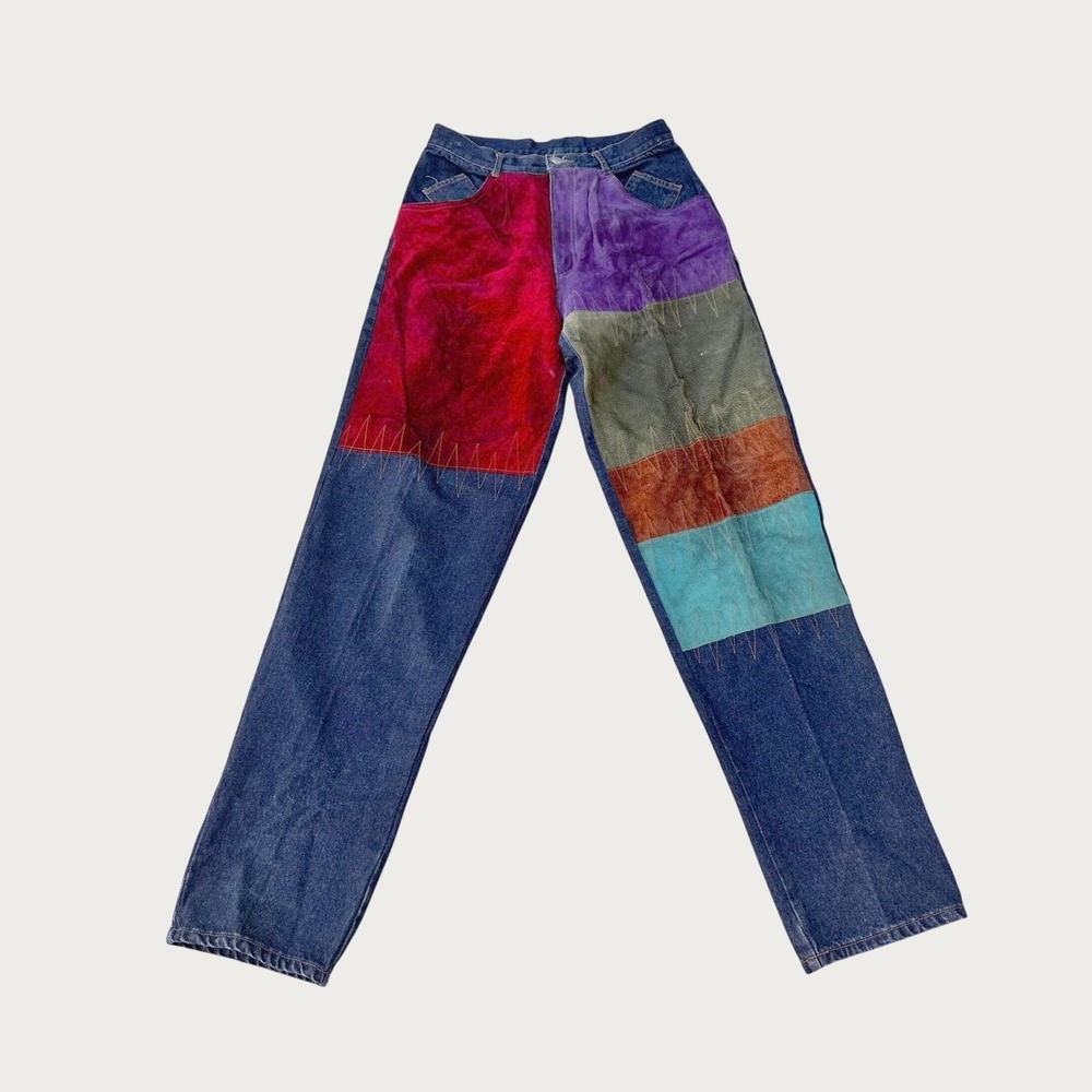 VTG 90s Machine Jeans Mens 32x34 Colorblock Suede Patchwork WA2-ZD 90s Rave Hip